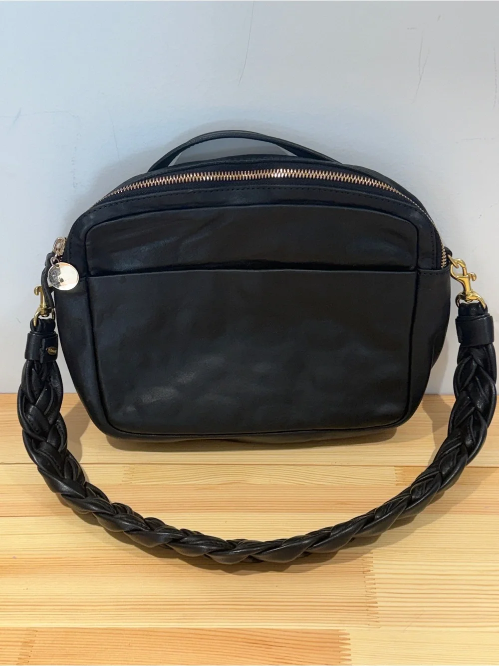 Clare V. Midi Sac in Black Leather with Braided Shoulder Strap - Picture 8 of 16